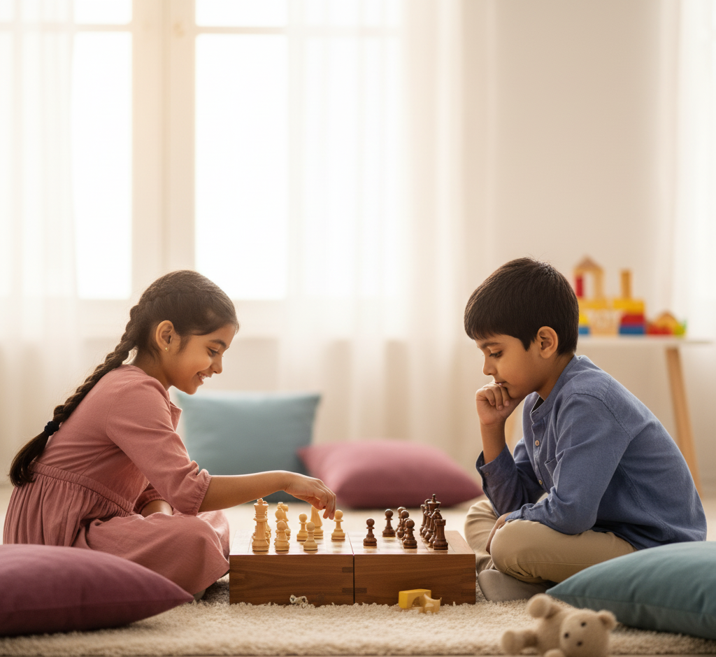 Two children playing chess on a rug with toys in the background