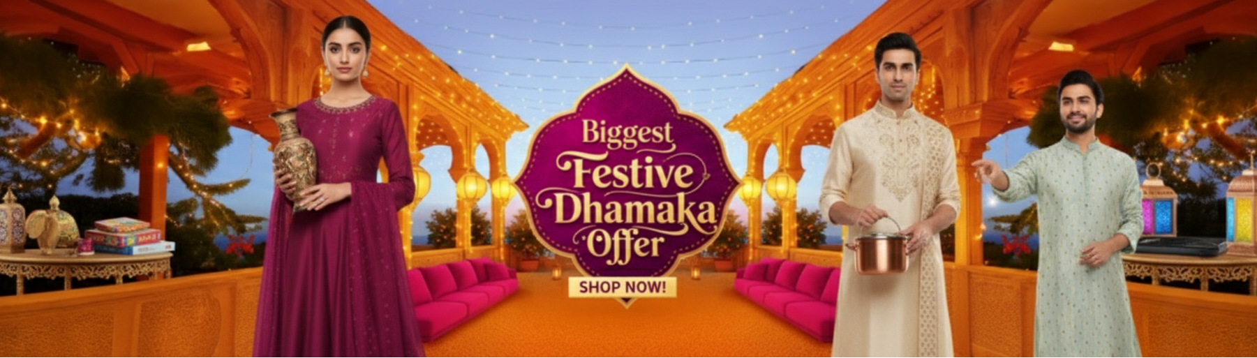 Promotional banner for a festive sale with people in traditional attire and decorative setting.