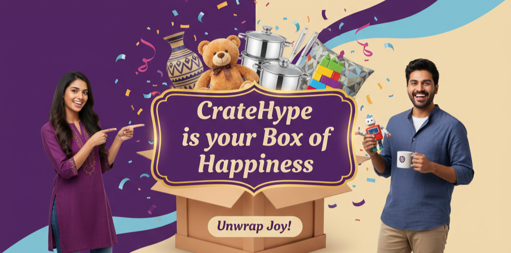 Promotional image of CrateHype with a box labeled 'Box of Happiness' featuring a woman and a man.