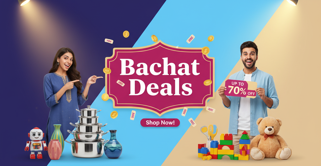 Promotional banner for 'Bachat Deals' with a man and woman holding signs and toys.