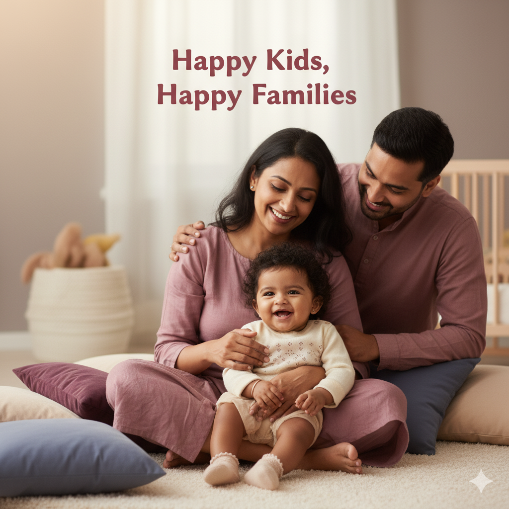 Family sitting together on a carpeted floor with 'Happy Kids, Happy Families' text above.